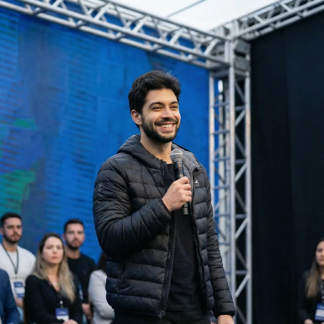 Palestrante diante de uma plateia em um evento